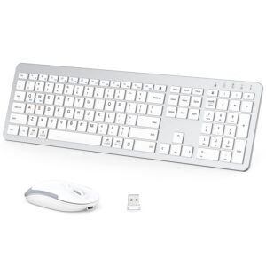 ​​iClever GK08 Wireless Keyboard and Mouse - Rechargeable Ergonomic Keyboard with Number Pad, Silent Typing, 2.4G Stable Connection, Slim Design for Mac & Windows (Silver)​​