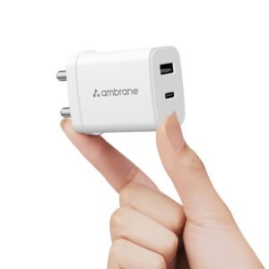 Ambrane 30W Dual Port GaN Charger, USB & Type C Fast Charging Adapter For iPhone 17/16/15/14/13/12/11 (Pro,Pro Max,Plus), iPad, Google Pixel, Samsung & All Type C devices BIS Certi. (Charge 30, White)