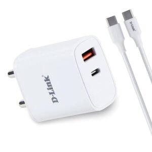 D-Link 33W Dual Port Fast Charger Type-C & Usb-A For All Mobiles Phones,Tablets,Power Banks,Smart Watches,Earbuds. Bis Certified,Compact Size & Easy To Carry. Free Type C To Type C 3A(60W) Cable-White