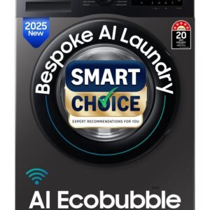 Samsung Smart Choice 12 kg, 5star, AI Ecobubble, Super Speed, Wi-Fi, Hygiene Steam with Inbuilt Heater, Digital Inverter, Fully-Automatic Front Load Washing Machine (WW12DG5B24AXTL, Inox)