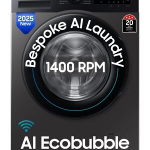 Samsung 9 kg, 5 star, AI EcoBubble, Super Speed, Wi-Fi, Hygiene Steam with Inbuilt Heater, Digital Inverter, Fully-Automatic Front Load Washing Machine (WW90DG5U24AXTL, Inox)